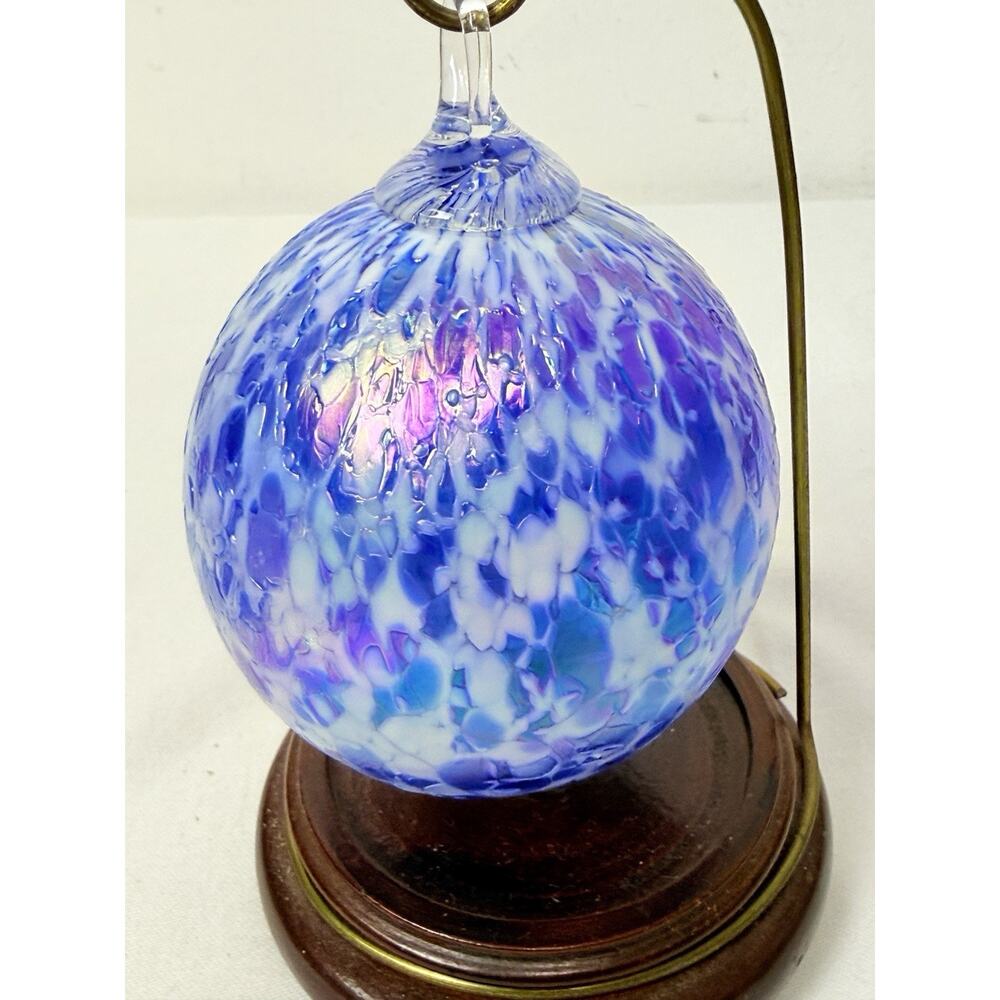 Hand Blown Iridescent Blue And White Speckled Glass Ornament - Picture 3 of 6